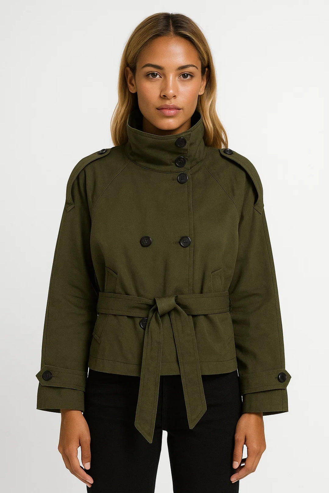 Korte Trenchcoat Dames | Hoge Kraag en Ceintuur | Stoer en Functioneel