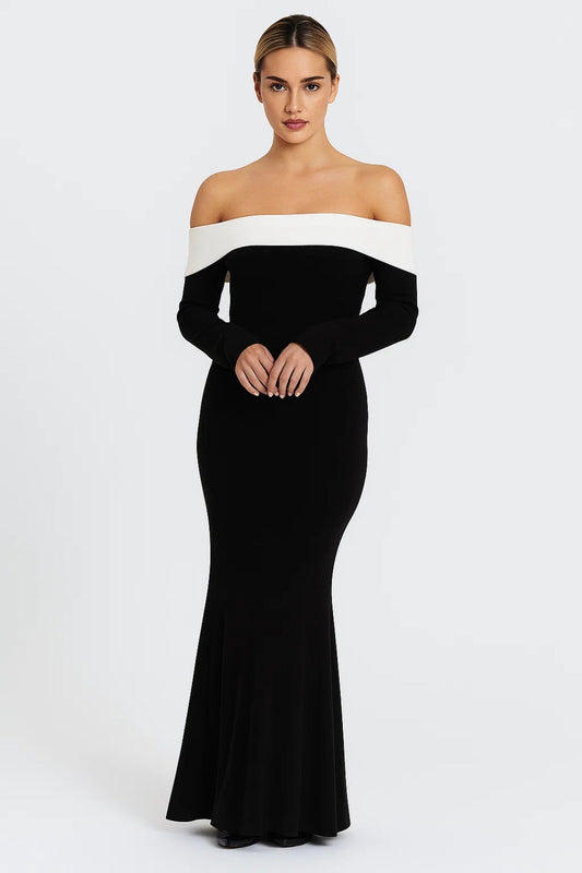 Lange Avondjurk | Off-Shoulder met Contrasterende Halslijn | Lichtgewicht en Ademend