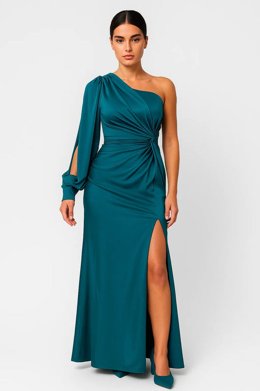Lange Avondjurk | One-Shoulder met Drapage en Split | Lichtgewicht en Ademend