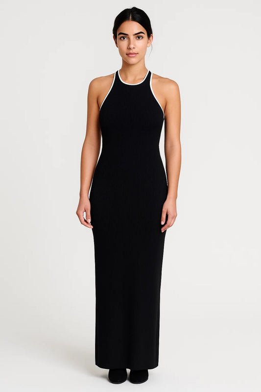 Lange Bodycon Jurk | Mouwloos met Contrasterende Randen | Lichtgewicht en Ademend