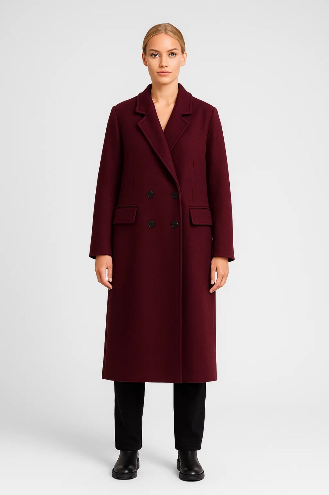 Lange Damesjas | Dubbelrijige Sluiting met Reverskraag | Klassieke Silhouet