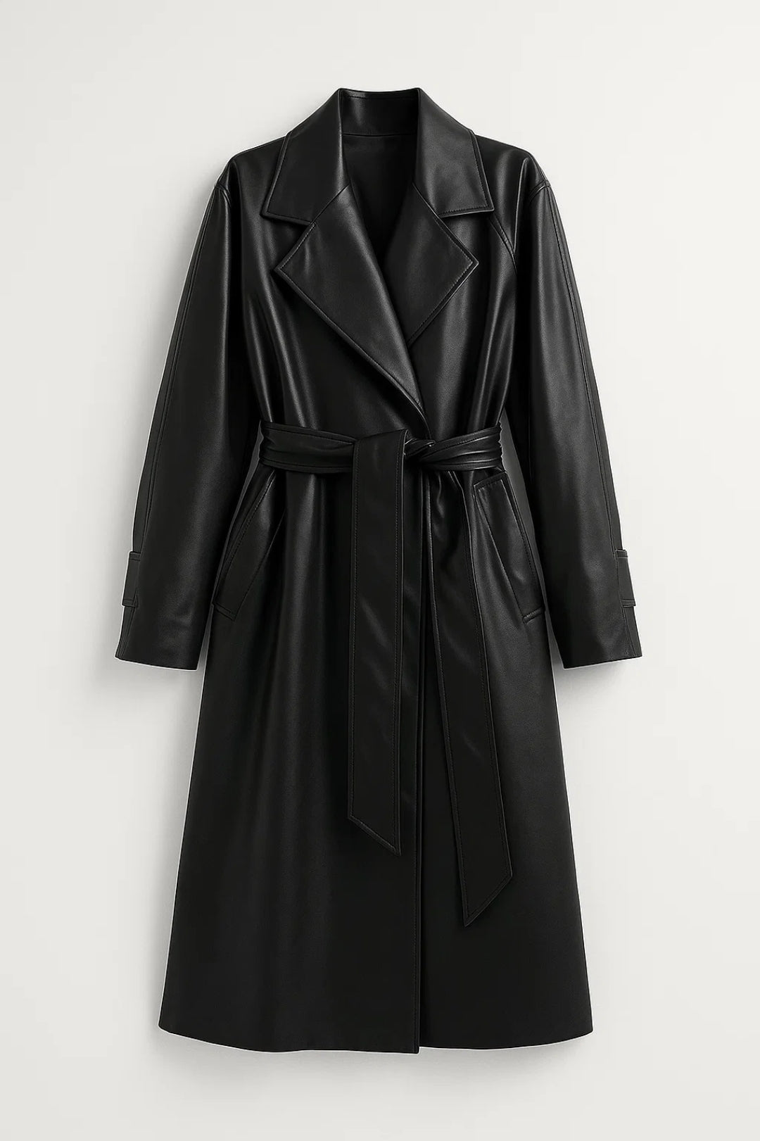 Lange Damesjas | Geknoopte Taille en Oversized Revers | Elegant Silhouet