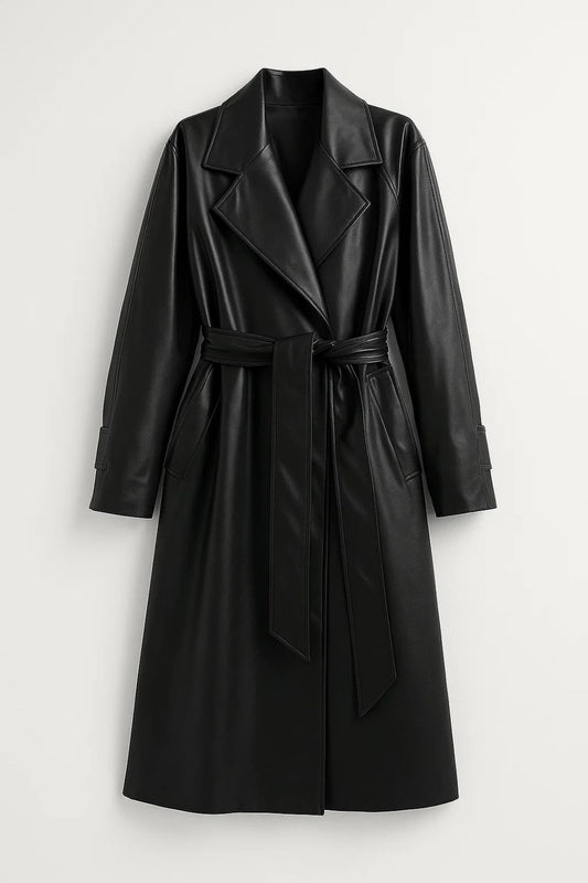 Lange Damesjas | Geknoopte Taille en Oversized Revers | Elegant Silhouet