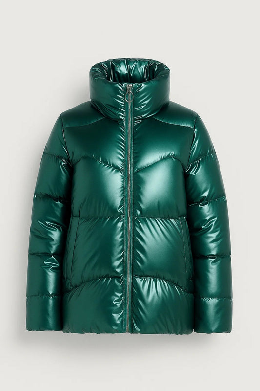 Lange Damesjas | Glanzende Pufferstijl met Hoge Kraag | Warm en Stijlvol