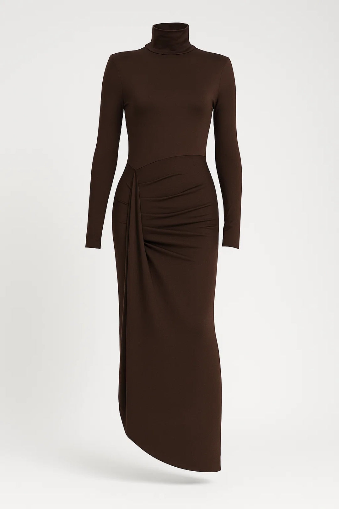 Lange Damesjurk | Asymmetrische Drapering en Hoge Hals | Tijdloze Elegantie