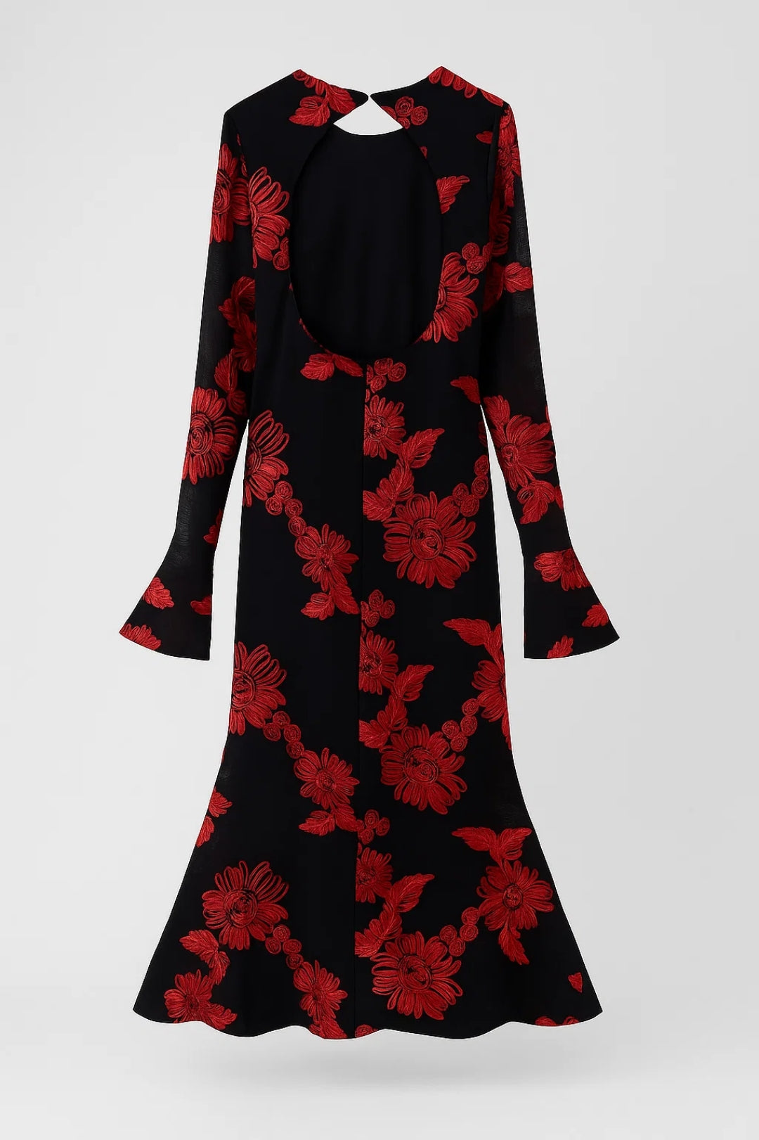 Lange Gebloemde Jurk | Trompetmouwen en Open Rugdetail | Elegante Avondlook