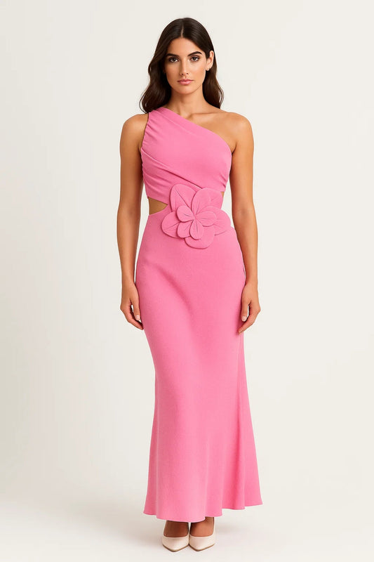 Lange Jurk | One-Shoulder met Bloemdetail | Lichtgewicht en Ademend