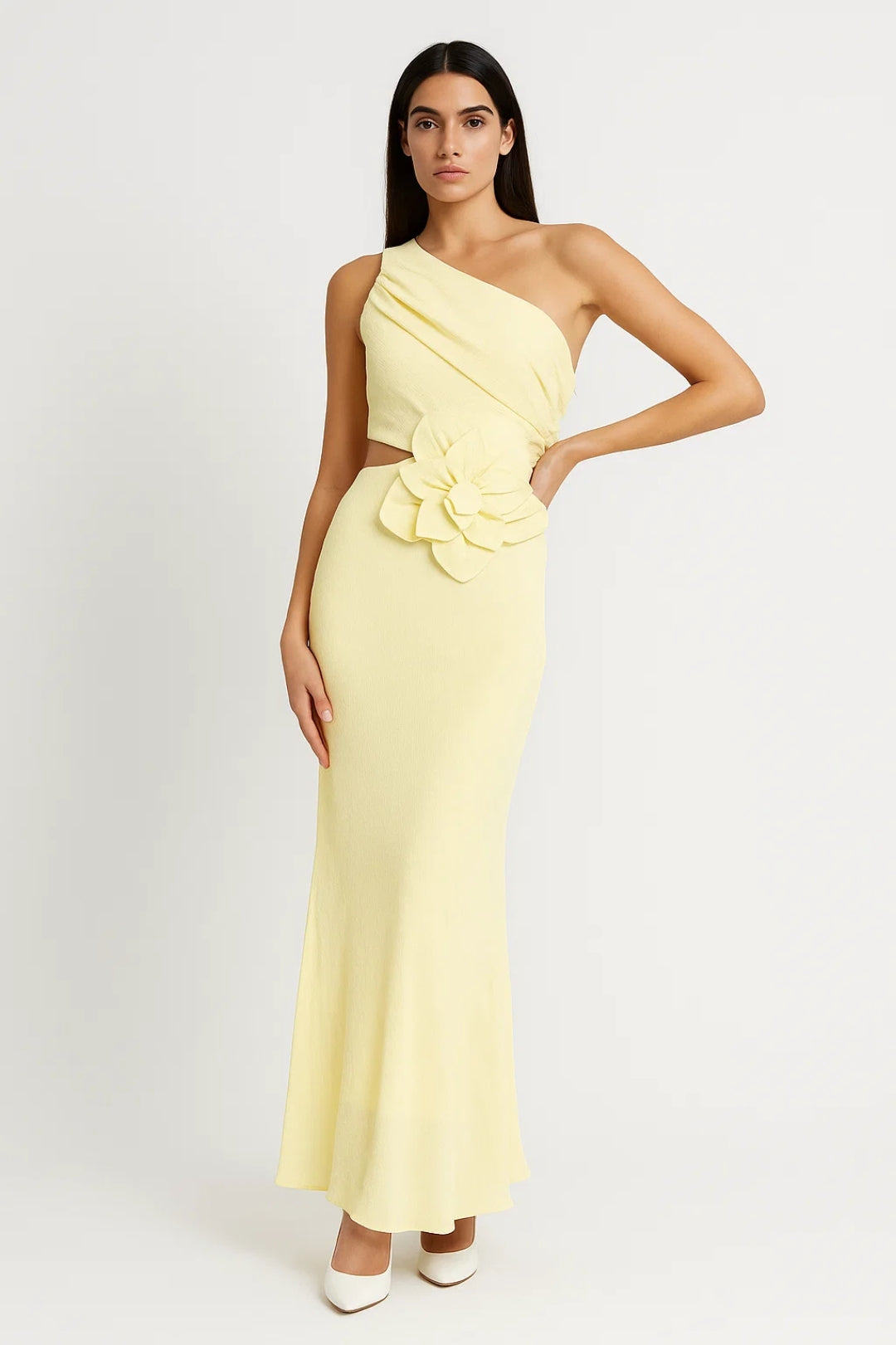 Lange Jurk | One-Shoulder met Bloemdetail | Lichtgewicht en Ademend
