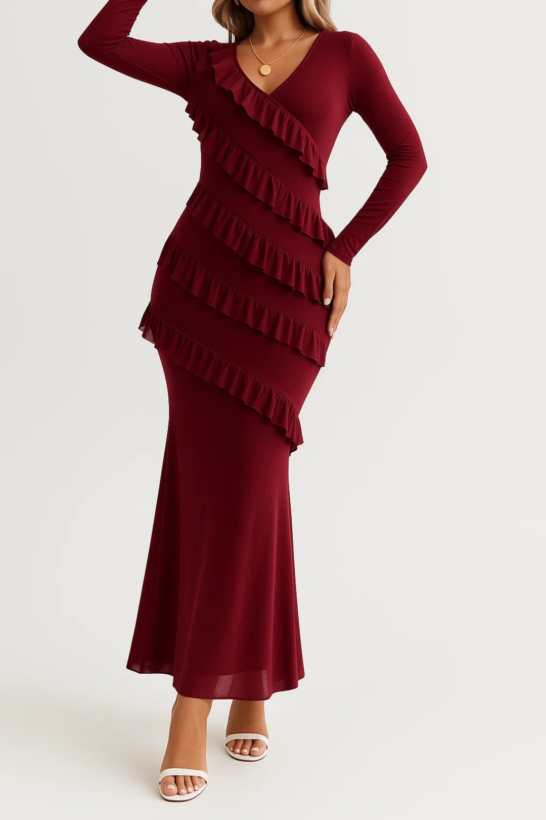 Lange Jurk met Ruches | V-hals en Lange Mouwen | Elegante Avondstijl