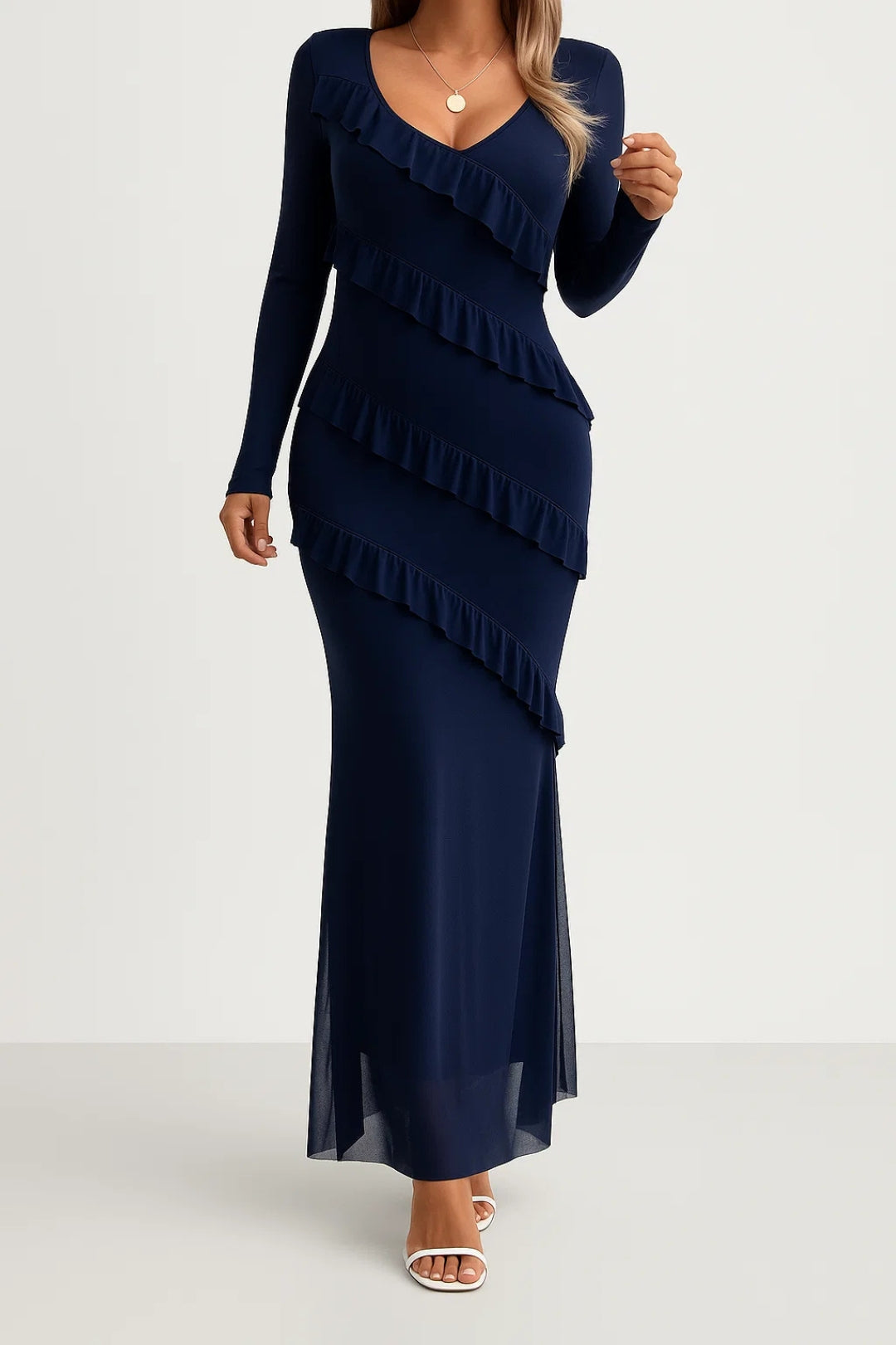 Lange Jurk met Ruches | V-hals en Lange Mouwen | Elegante Avondstijl