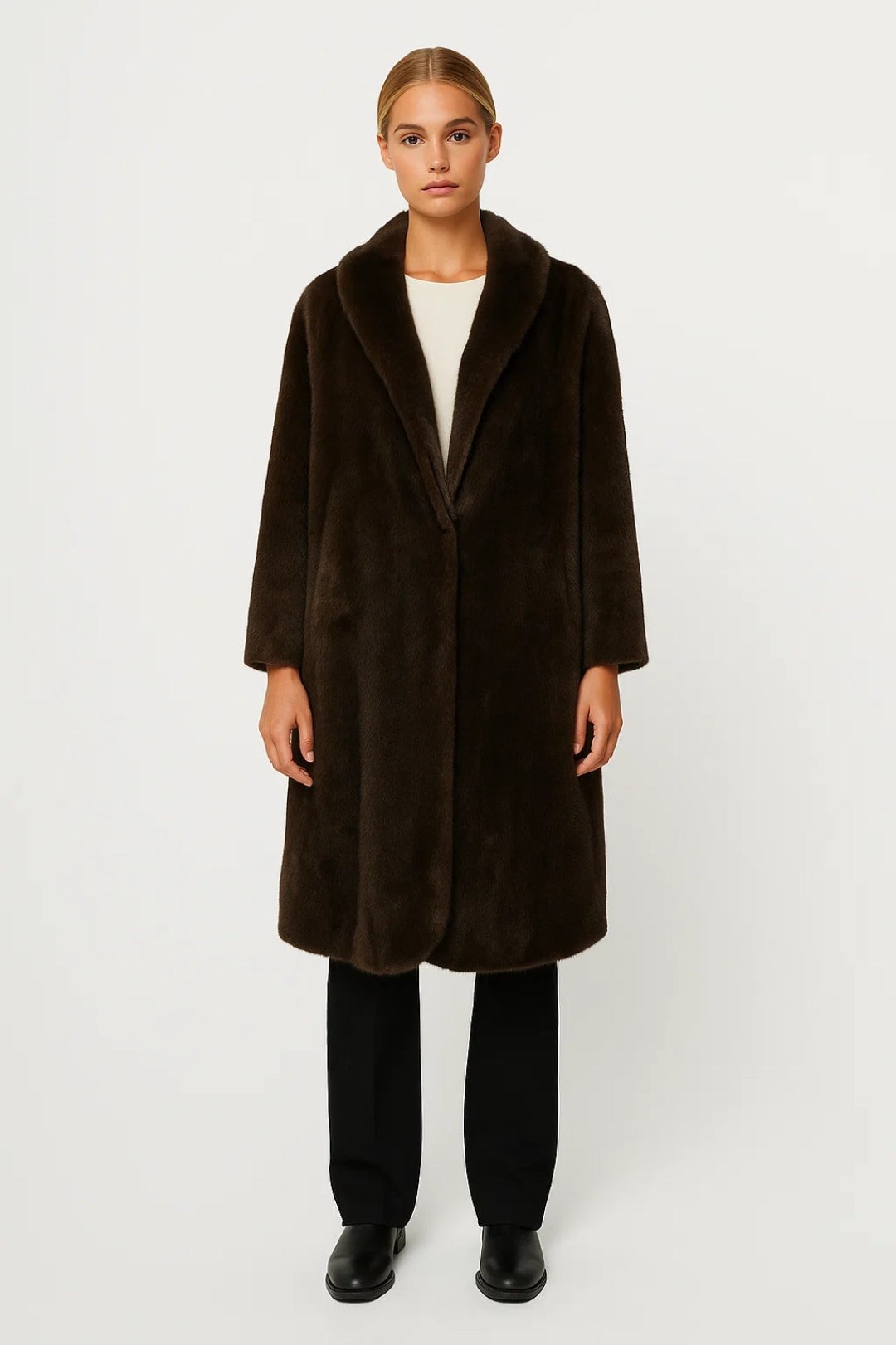 Lange Winterjas | Faux Fur Look | Elegante V-Hals en Rechte Snit