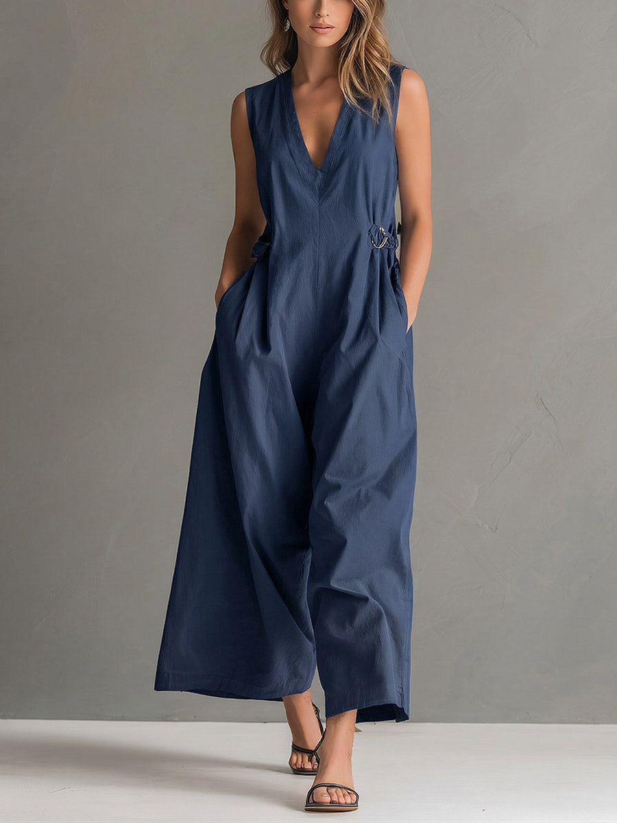 Lara - Chique Linnen Jumpsuit Dames met Diepe V-hals en Siergesp Detail