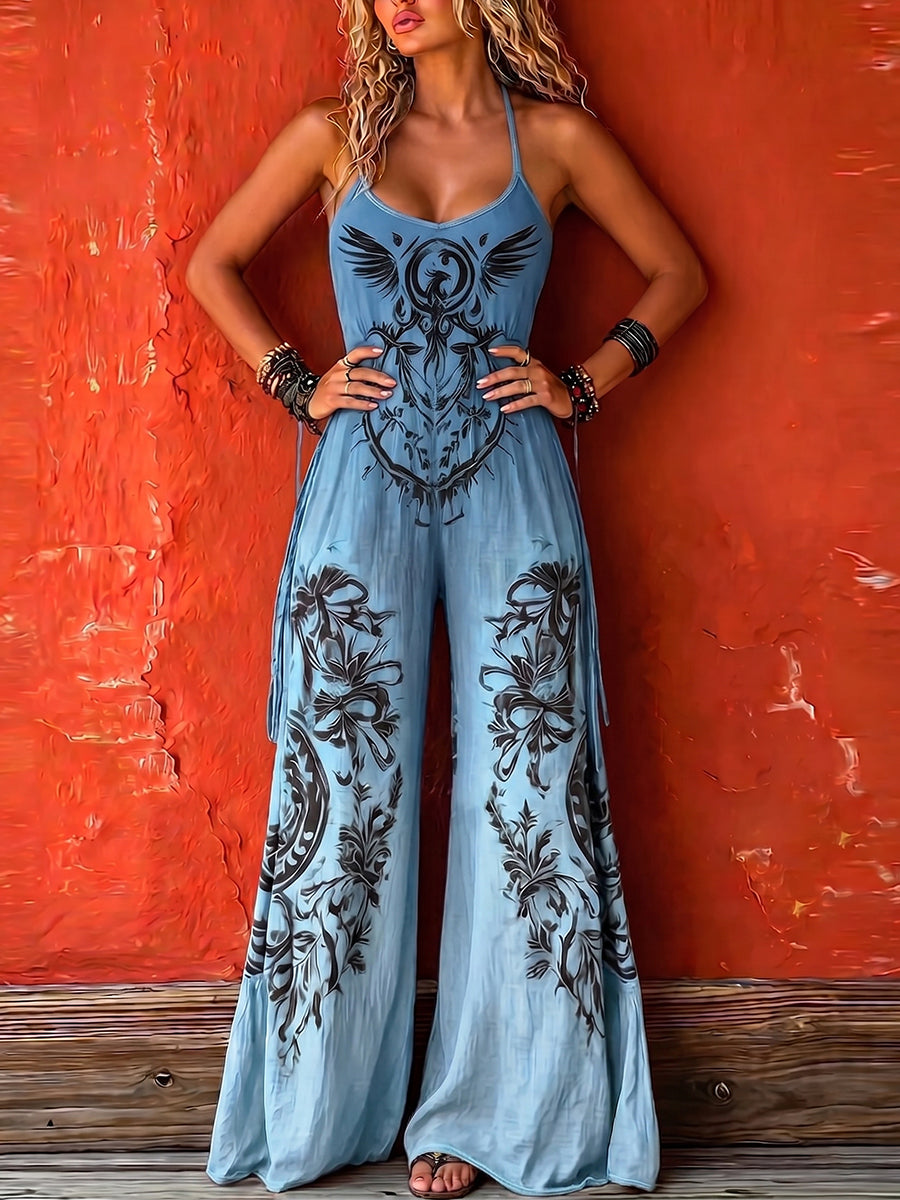 Lieke - Boho Linnen Jumpsuit Dames met Halternek en Etnische Print