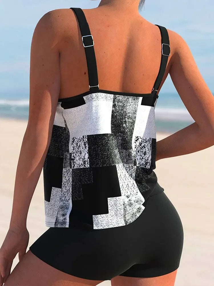 Lieke - Stoere Tankini Set Dames met Grafische Print en Dubbele Bandjes