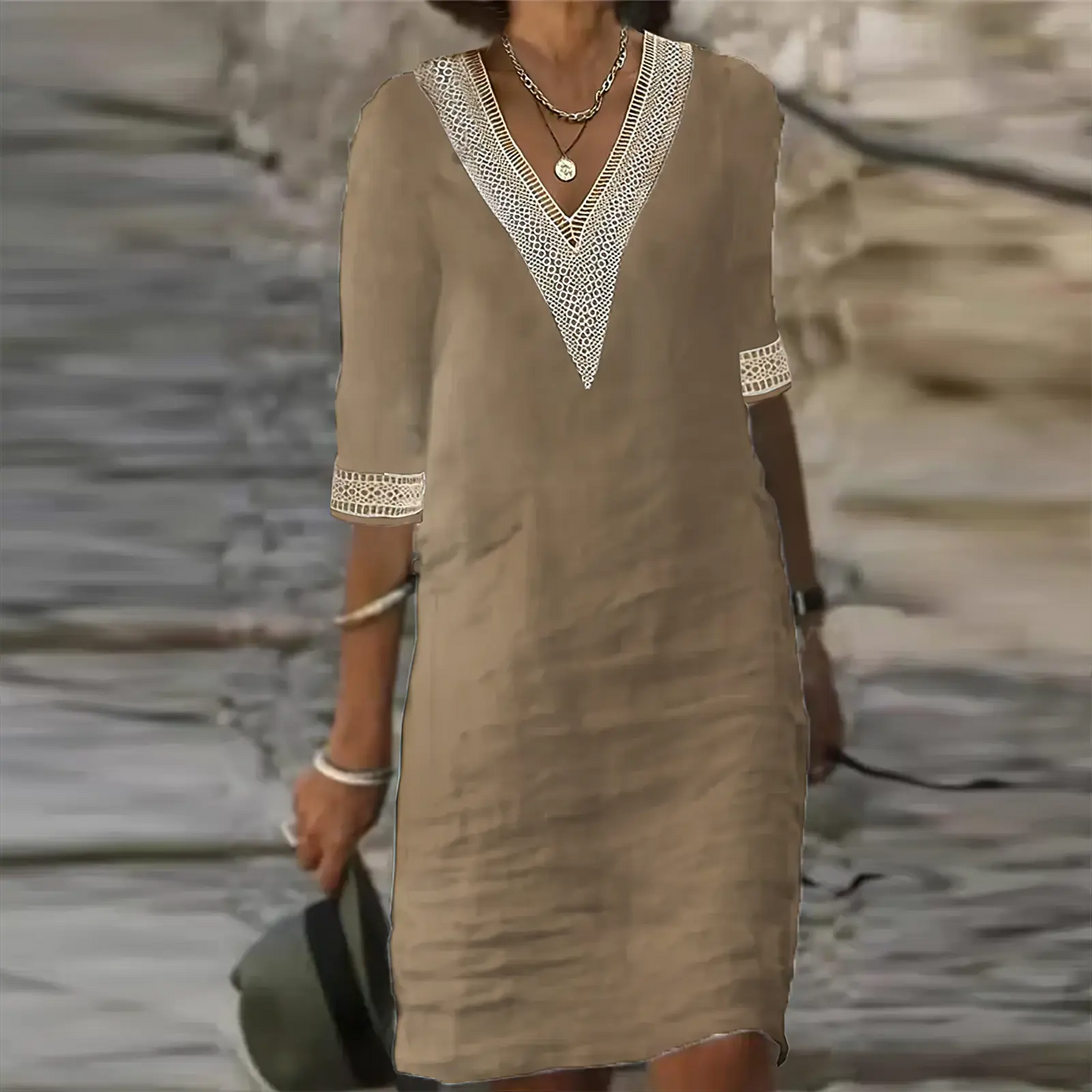 Loes - Casual Zomerjurk Dames Midi met V-hals en Kant Detail