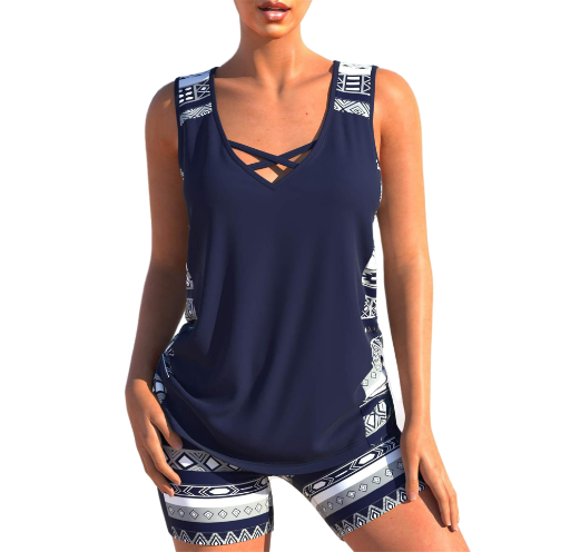 Lotte - Feestelijke Tankini Set Dames met Gekruiste Hals en Printopdruk