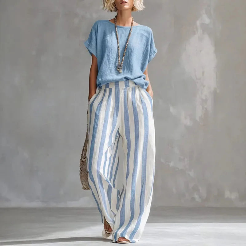 Lotte - Stijlvolle Linnen Dames Set met Gestreepte Wijde Broek en Casual Top