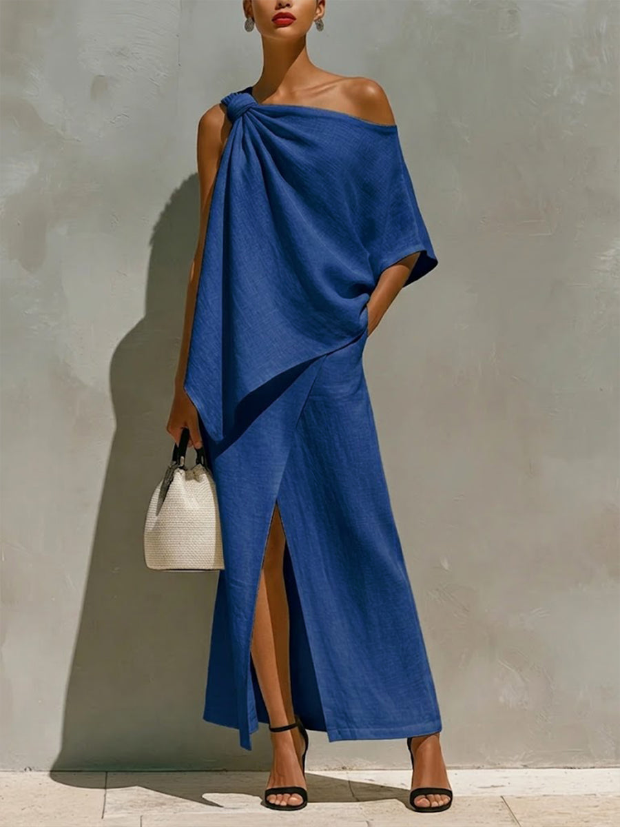 Maud - Elegante Linnen Set Dames met One-Shoulder Top en Maxi Rok met Split