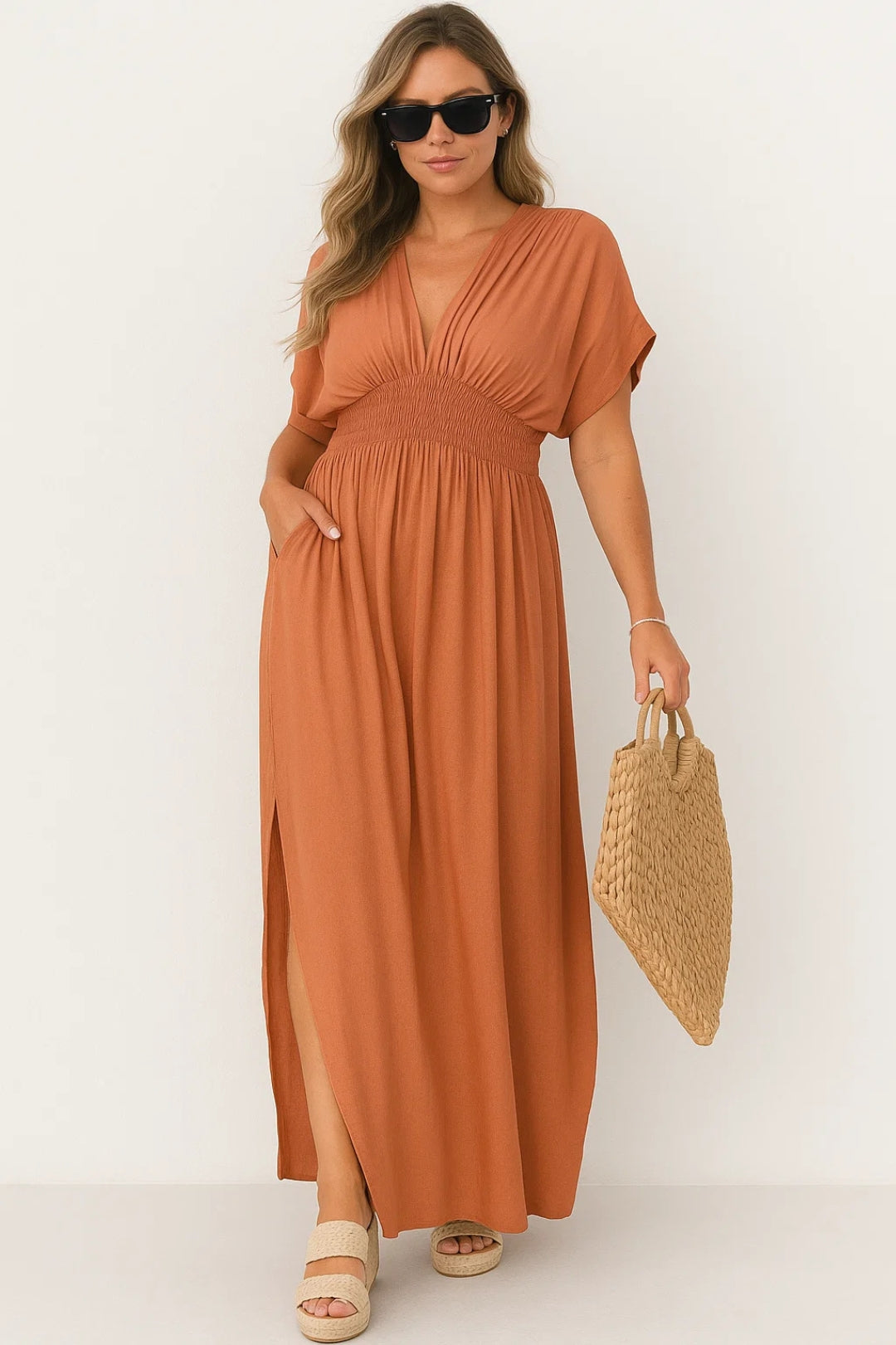 Maxi Jurk met Elastische Taille | V-hals | Split aan de Zijkant