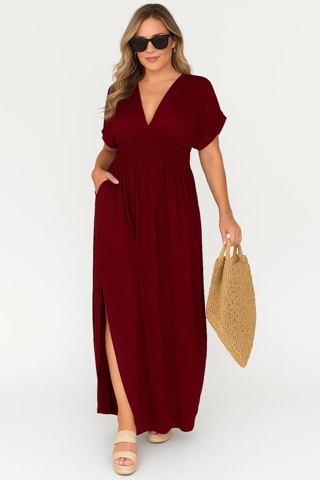 Maxi Jurk met Elastische Taille | V-hals | Split aan de Zijkant