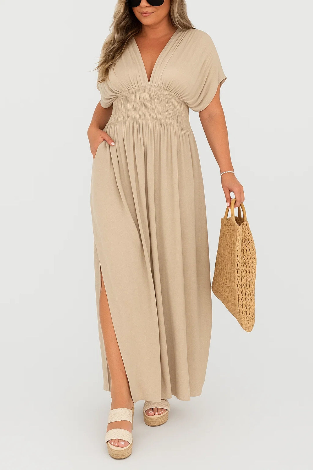 Maxi Jurk met Elastische Taille | V-hals | Split aan de Zijkant