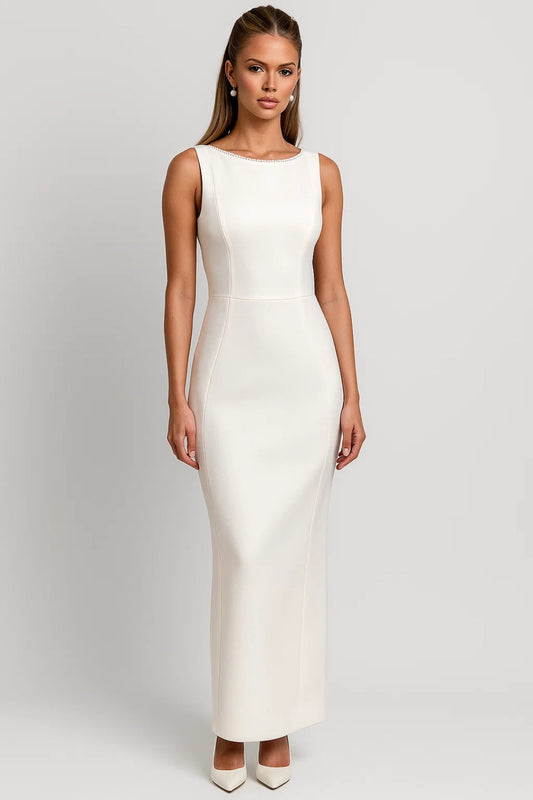 Maxi Jurk met Parelrand | Open Rug en Strikaccent | Elegante Figuurpasvorm