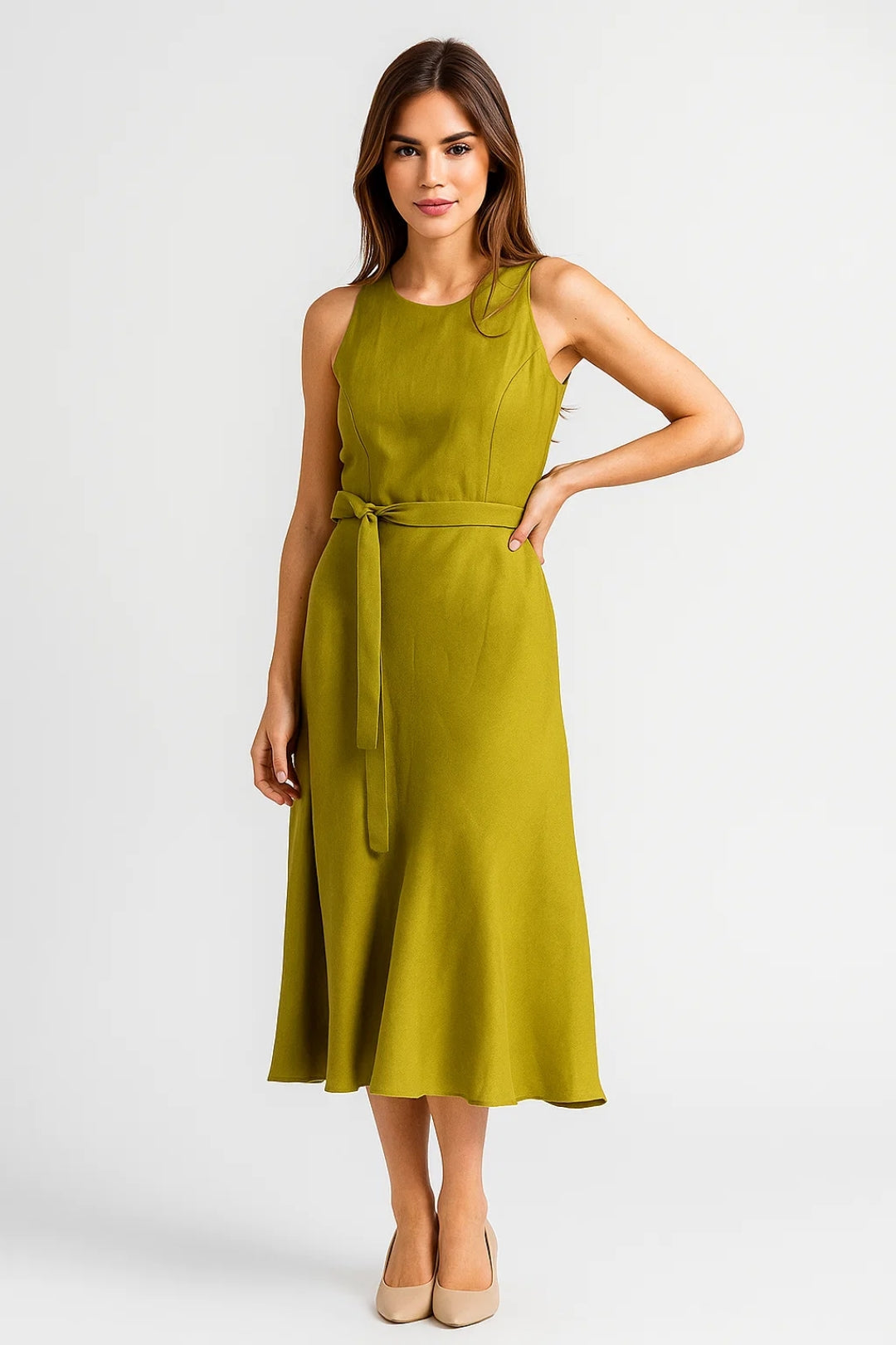 Midi-Jurk | Mouwloos Design met Strikceintuur | Elegant en Veelzijdig