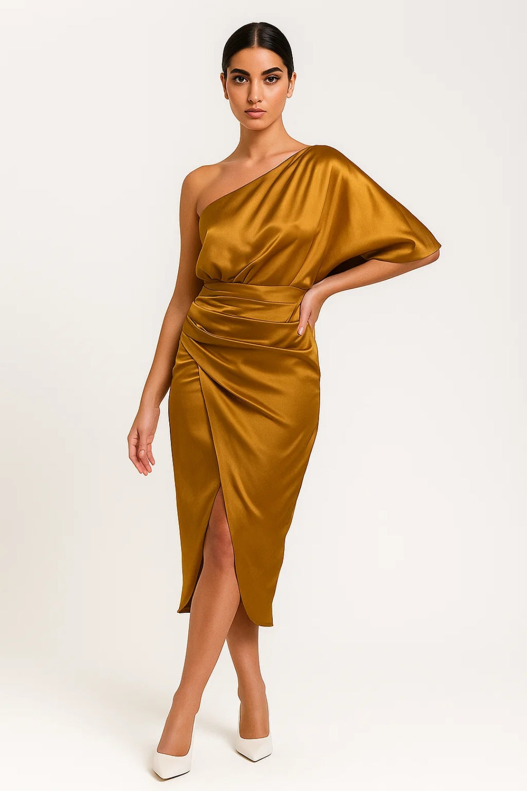 Midi Jurk Dames | One-Shoulder Design met Drapering | Elegant en Verfijnd