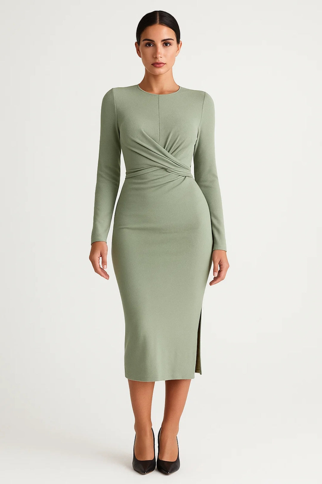 Midi Jurk | Lange Mouwen met Getailleerde Twist | Verfijnde Silhouetlook