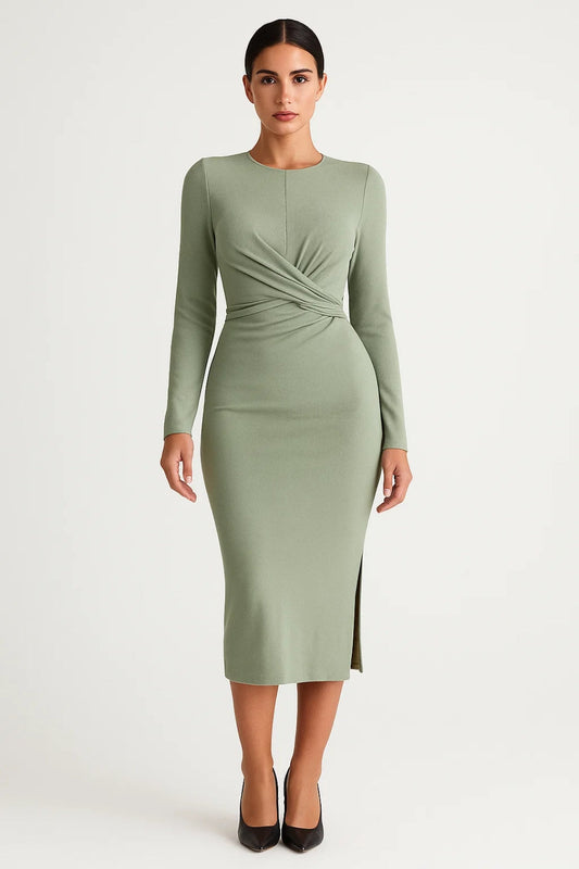 Midi Jurk | Lange Mouwen met Getailleerde Twist | Verfijnde Silhouetlook
