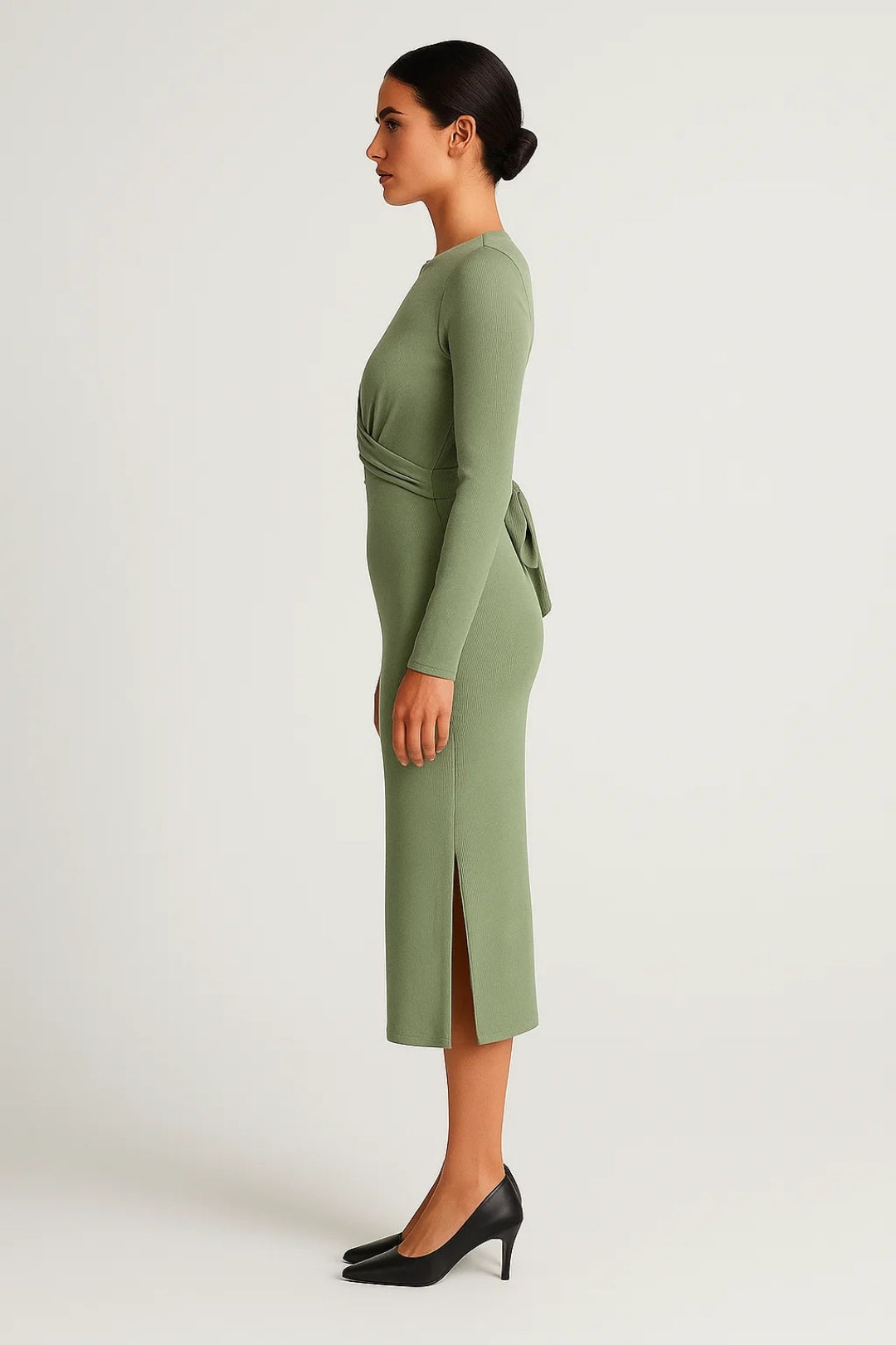 Midi Jurk | Lange Mouwen met Getailleerde Twist | Verfijnde Silhouetlook