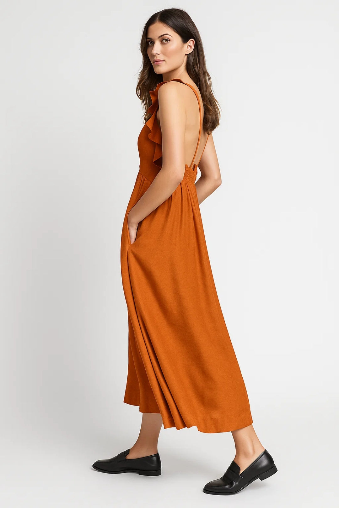 Midi Jurk | Mouwloos met Ruches op de Schouder | Elegante Dagstijl