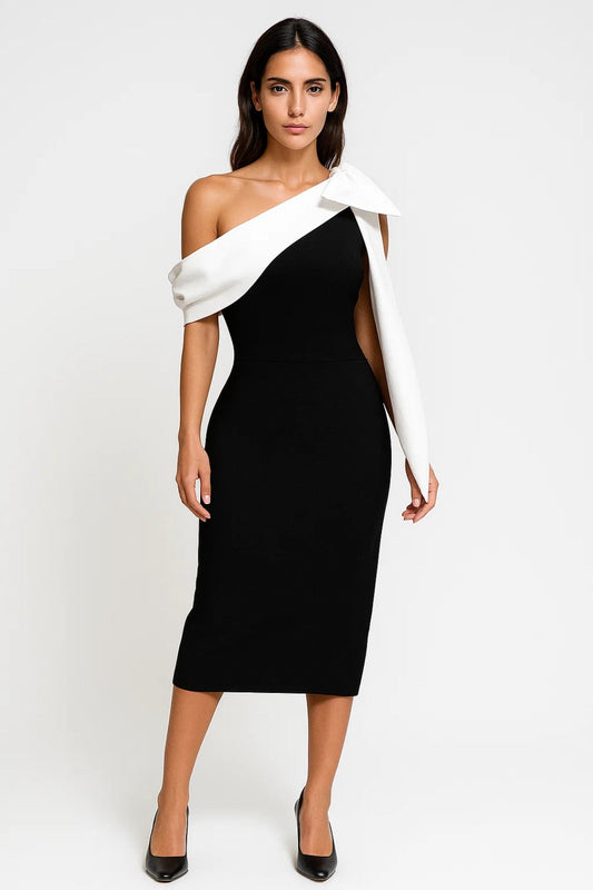 Midi Jurk | One-Shoulder Ontwerp met Contrasterende Strik | Lichtgewicht en Ademend
