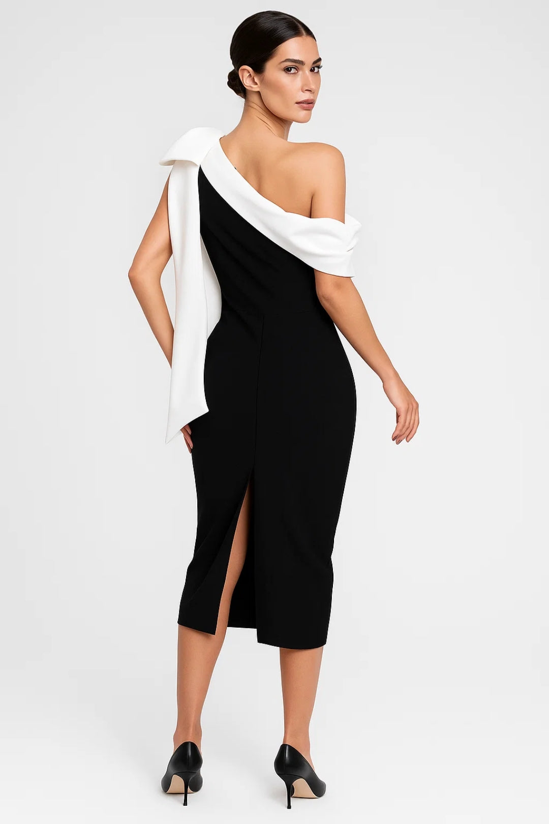 Midi Jurk | One-Shoulder Ontwerp met Contrasterende Strik | Lichtgewicht en Ademend