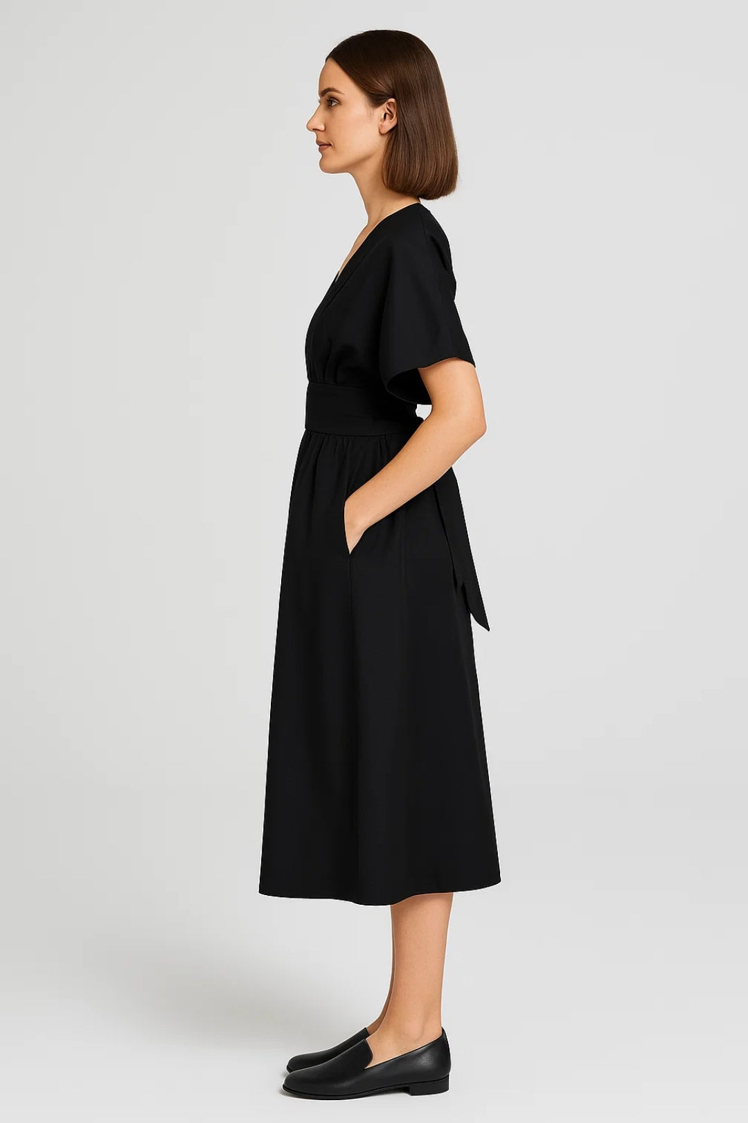 Midi Jurk | V-Hals met Wijde Mouwen | Gecentreerde Taille en Splitdetail