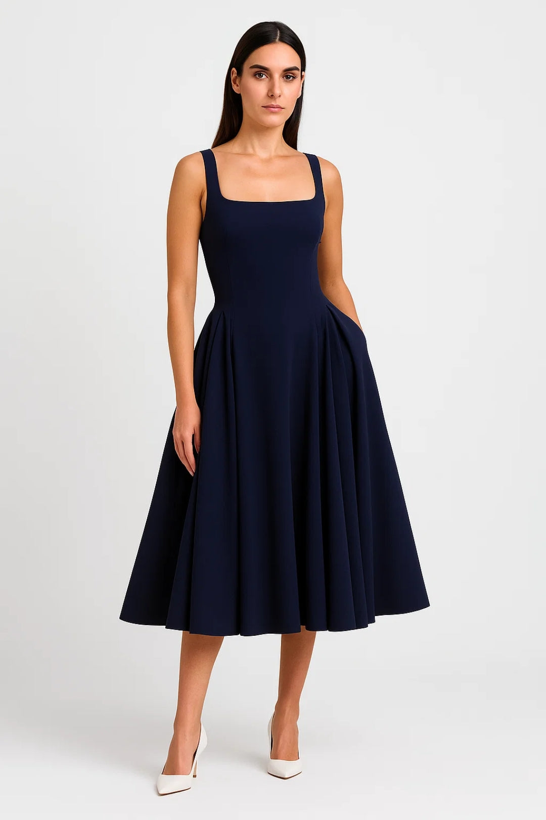 Midi Jurk met Brede Bandjes | Vierkante Halslijn | Klassiek Uitlopend Silhouet