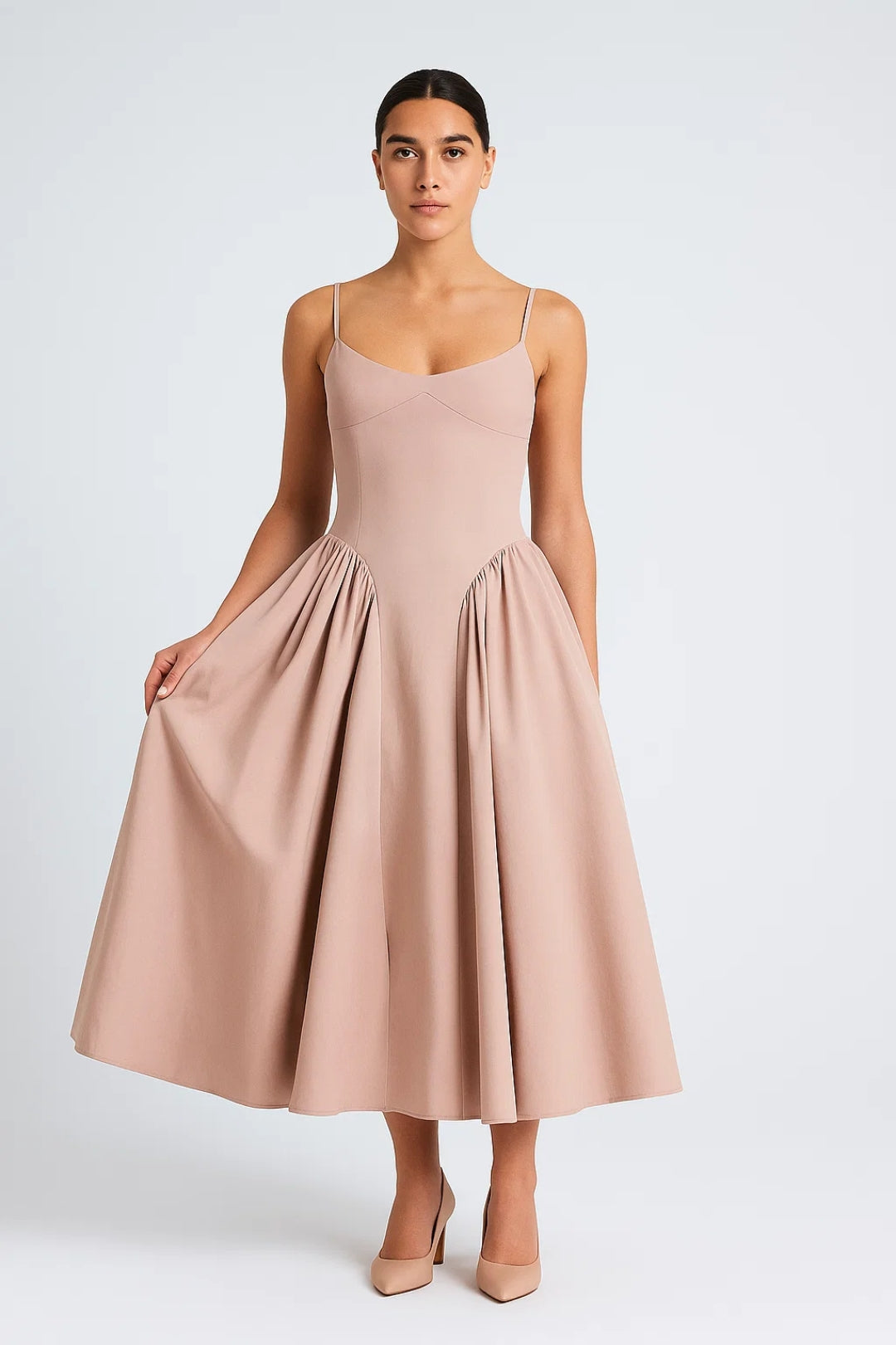 Midi Jurk met Spaghettibandjes | Getailleerd Bovenstuk | Elegante Uitlopende Rok