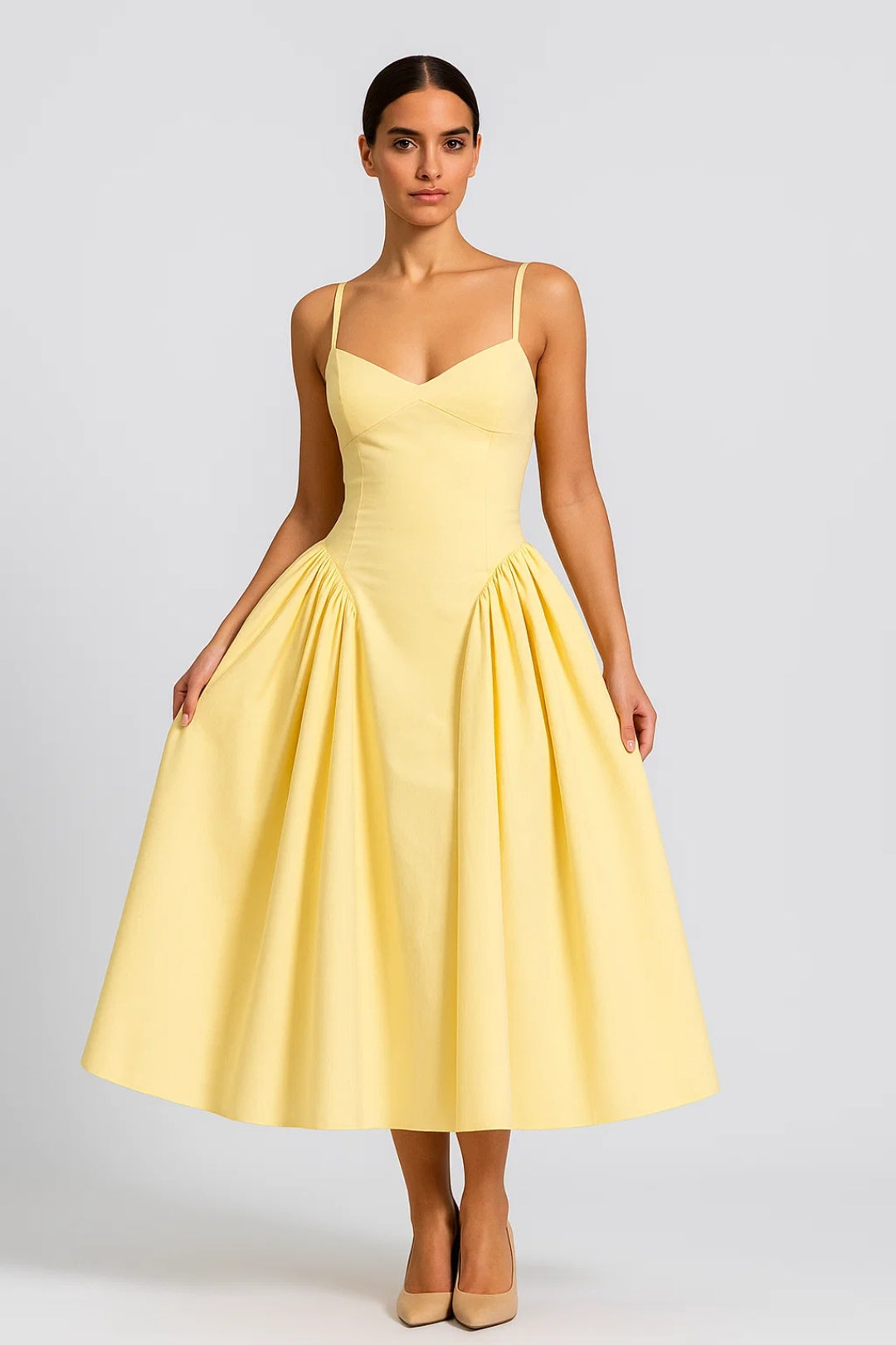 Midi Jurk met Spaghettibandjes | Getailleerd Bovenstuk | Elegante Uitlopende Rok