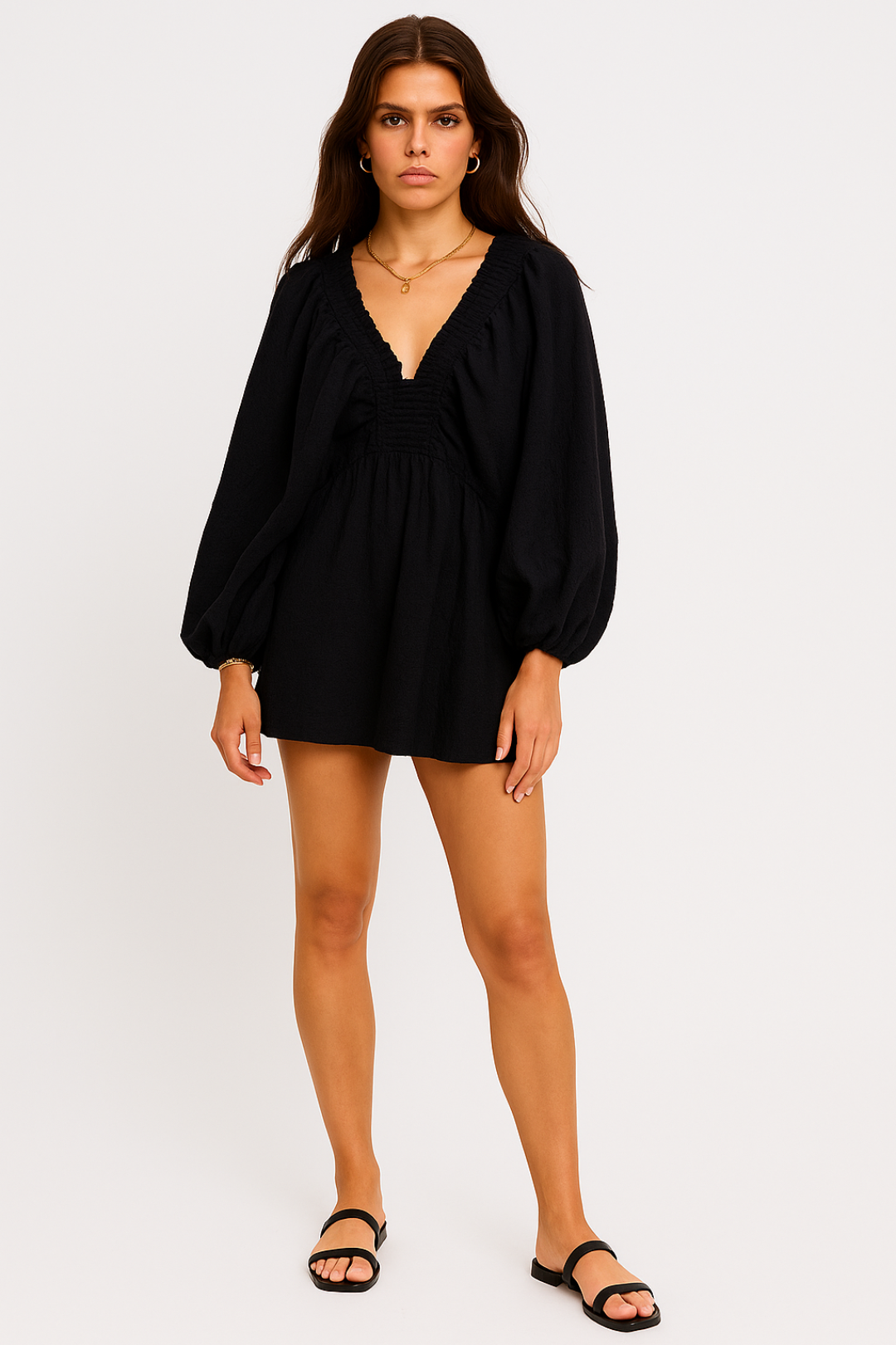 Mini Jurk | Katoenmix | Met Pofmouwen en V-Hals