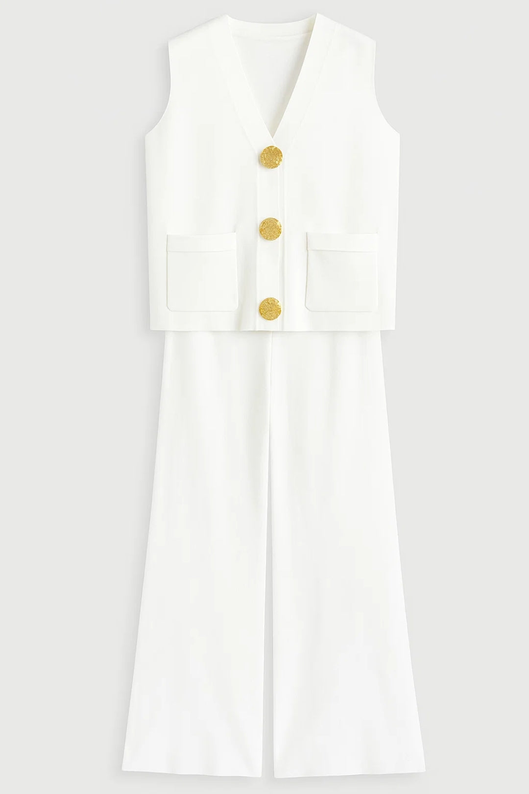Mouwloze Gilet Set | Rechte Pantalon Met Gouden Knopen | Elegant en Eigentijds