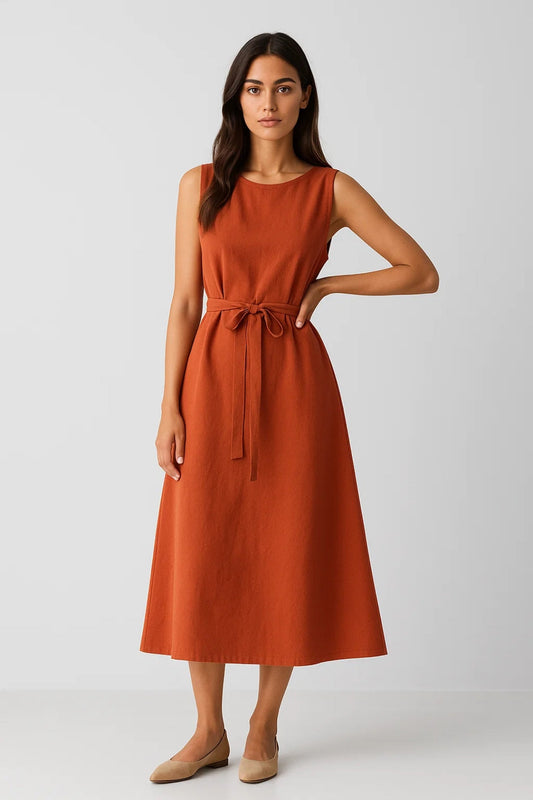 Mouwloze Midi Jurk | Strikceintuur in de Taille | Minimalistische Elegantie