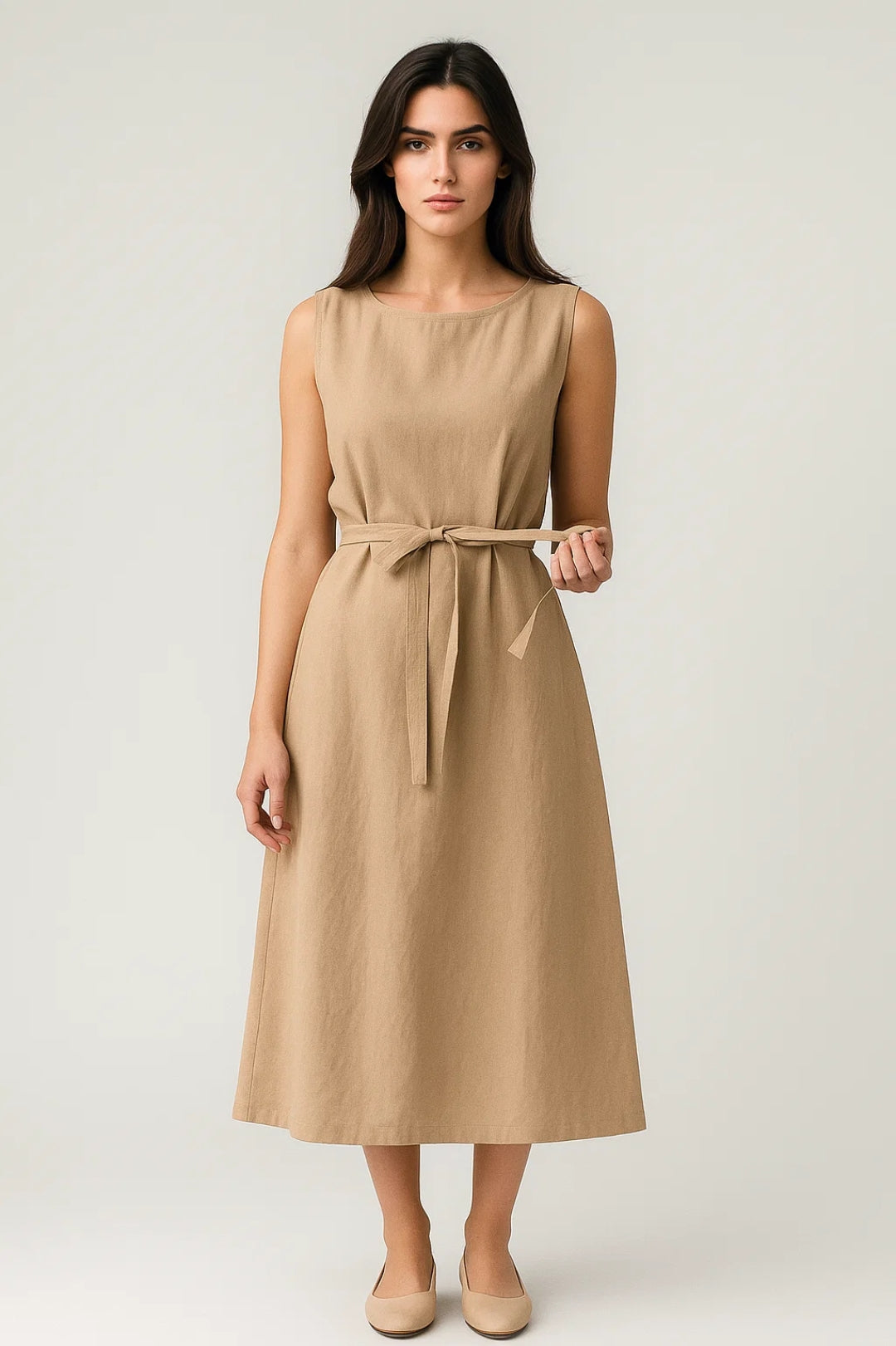Mouwloze Midi Jurk | Strikceintuur in de Taille | Minimalistische Elegantie