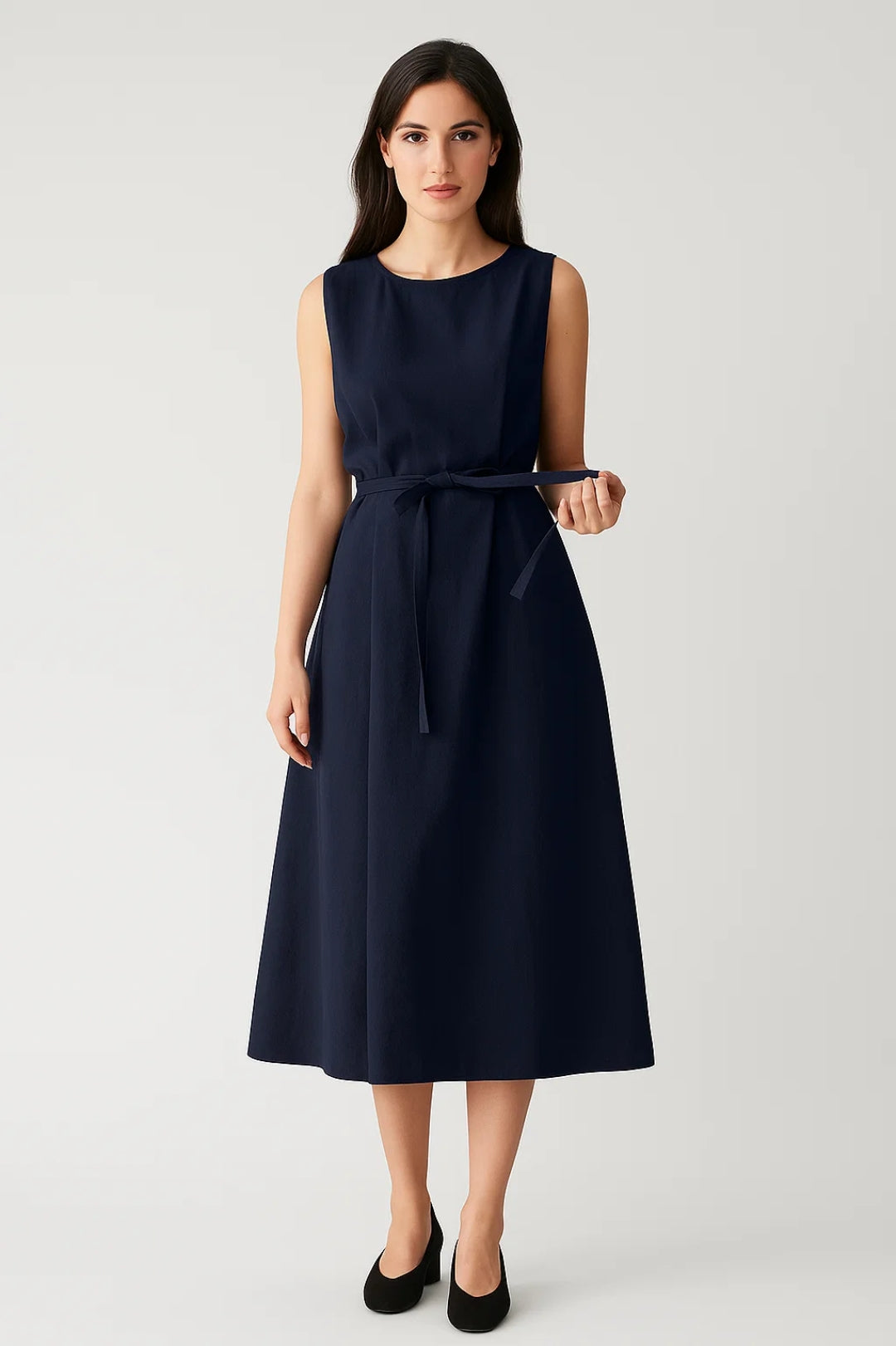 Mouwloze Midi Jurk | Strikceintuur in de Taille | Minimalistische Elegantie