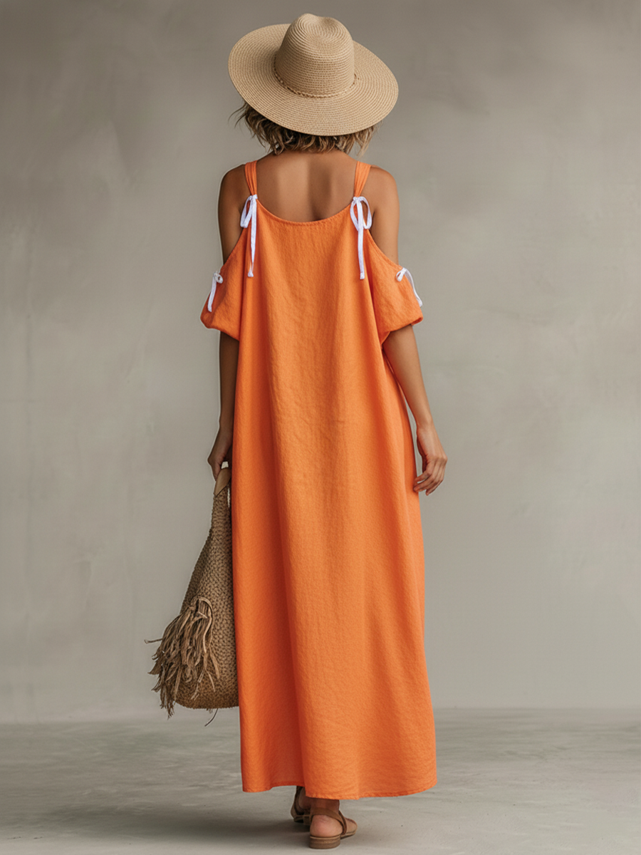 Noor - Casual Linnen Jurk Dames met Koude Schouders en Strikdetail