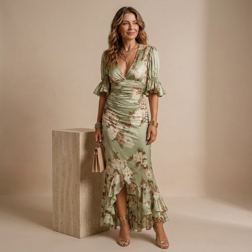 Noor - Romantische Maxi Jurk Dames met Ruches en V-hals