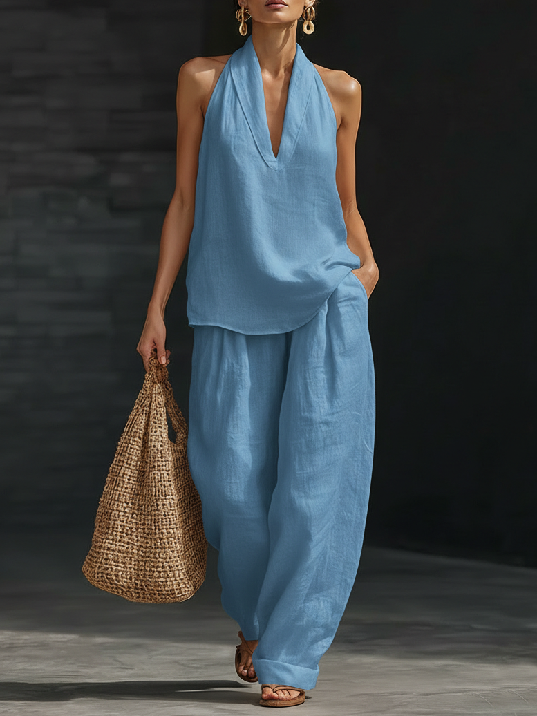 Noor - Stijlvolle Linnen Set Dames met Halter Top en Ruimvallende Broek