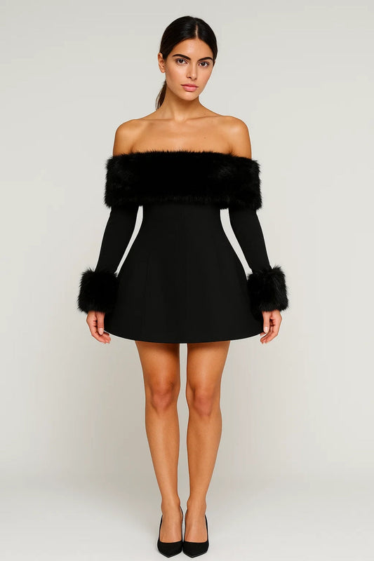 Off-Shoulder Mini Jurk | Bontaccent en Lange Mouwen | Lichtgewicht en Ademend