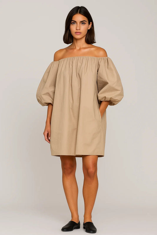 Off-Shoulder Mini Jurk | Pofmouwen en Rechte Snit | Lichtgewicht en Ademend