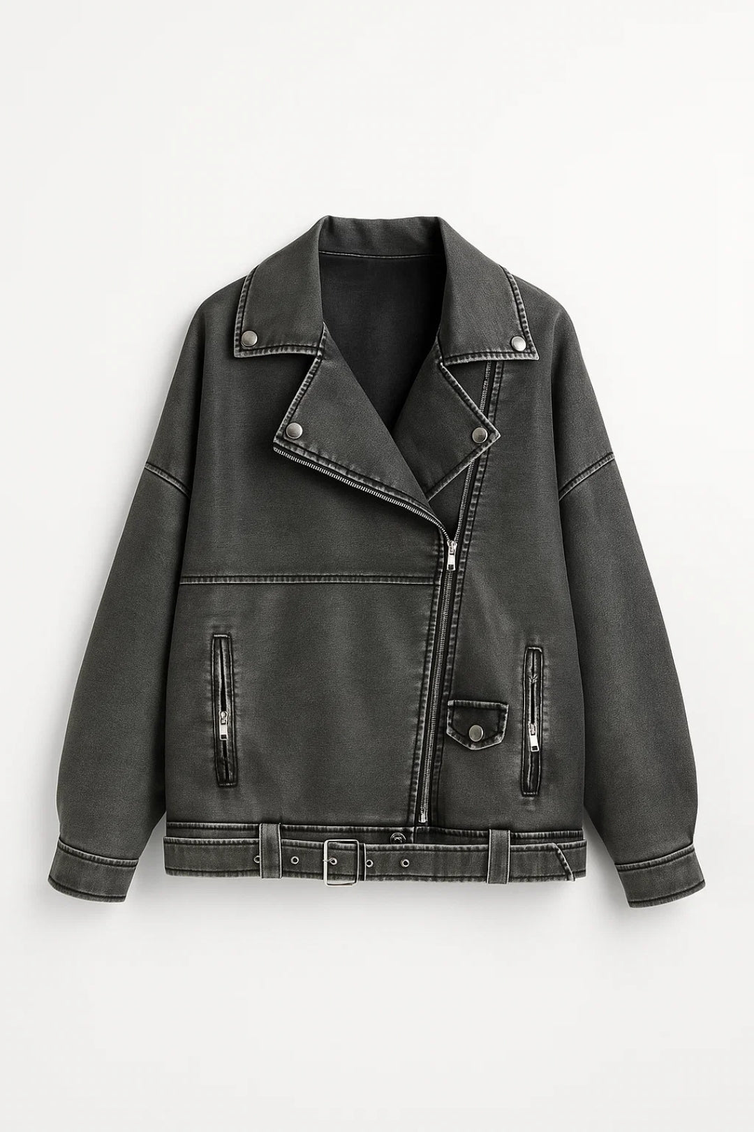 Oversized Bikerjack Dames | Asymmetrische Rits en Ceintuur | Stoer en Eigentijds
