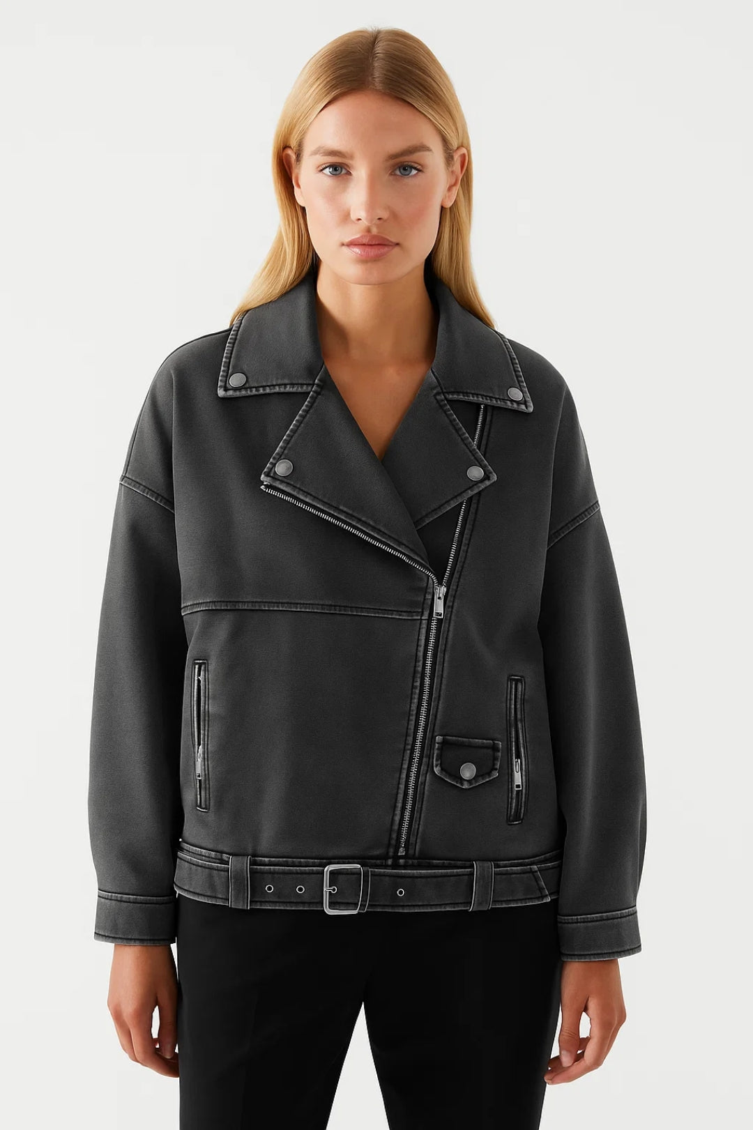 Oversized Bikerjack Dames | Asymmetrische Rits en Ceintuur | Stoer en Eigentijds